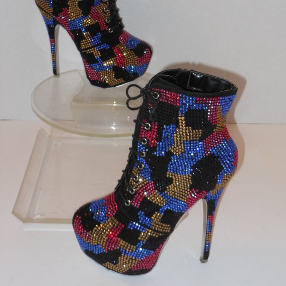 SHIEKH PLATFORM HIGH-HEEL MULTI-COLOR BEADED ANKLE BOOTS SIZE 8 MEDIUM - Picture 5 of 9